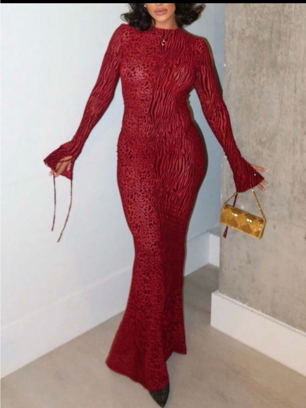 Red Long Sleeve Bodycon Maxi Dress - Elegant Evening Wear